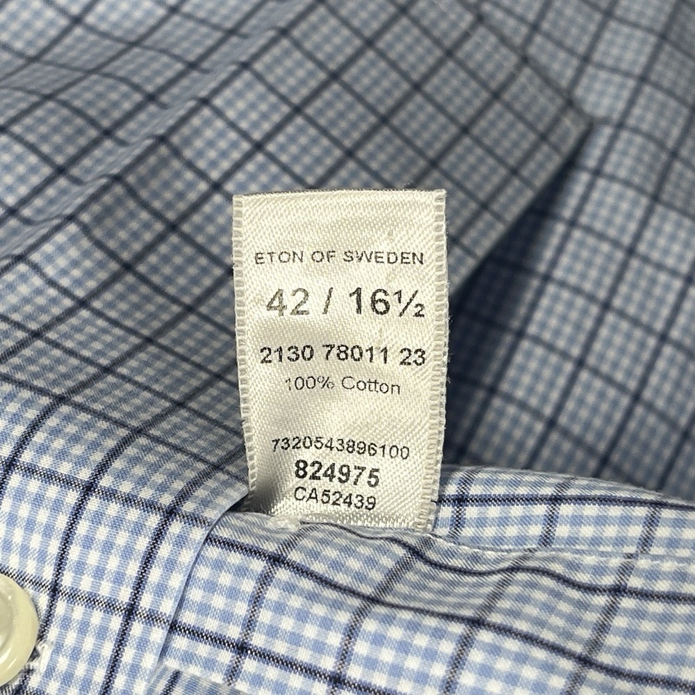 Eton Dress Shirt Men 16.5 - 42 Classic Light Blue Micro Check Button Long Sleeve - Picture 3 of 8
